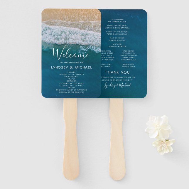 Elegant Beach Blue Ocean Wedding Program Hand Fan (Front and Back)