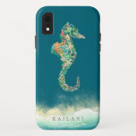 Elegant Beach Botanical Seahorse Blue iPhone XR Case<br><div class="desc">Elegant watercolor tropical island botanical seahorse with sandy beach accent,  personalised with name,  deep ocean blue iPhone case.</div>