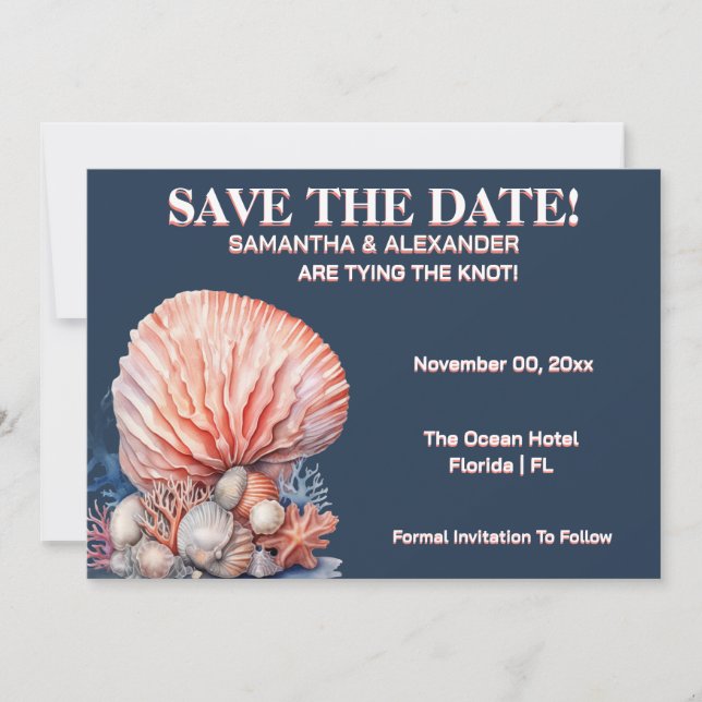 Elegant Beach Coral Wedding Invitation Blue (Front)