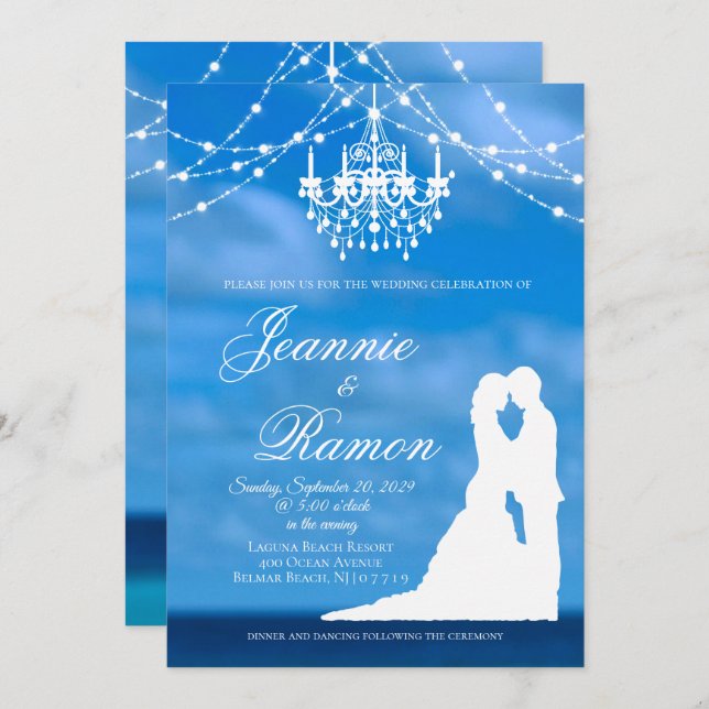 Elegant Beach, Couple & Chandelier Summer Wedding Invitation (Front/Back)