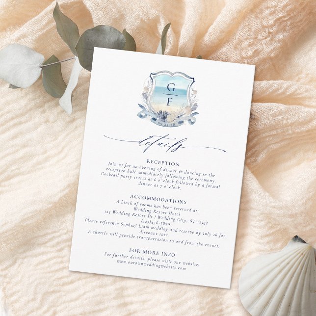 Elegant Beach Crest Monogram Wedding Details Enclosure Card (Creator Uploaded)