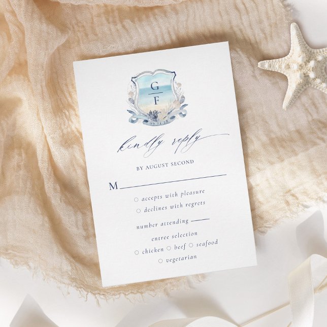 Elegant Beach Crest Monogram Wedding RSVP Card (Creator Uploaded)