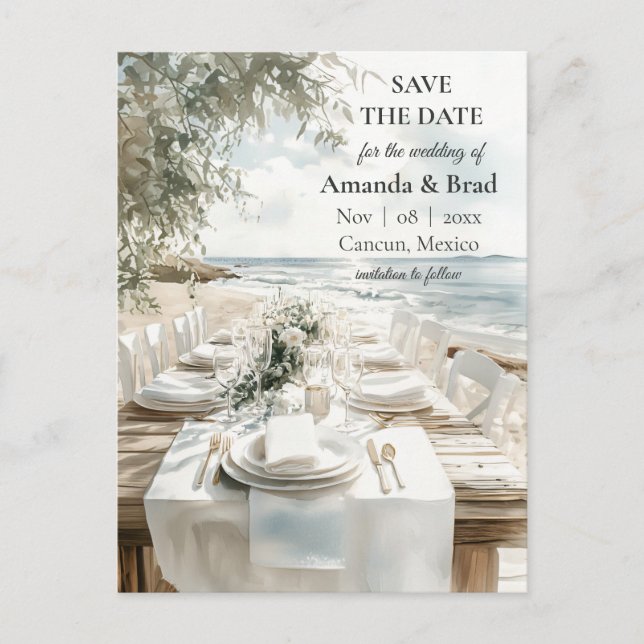 Elegant Beach Destination Wedding Save the Date Holiday Postcard (Front)
