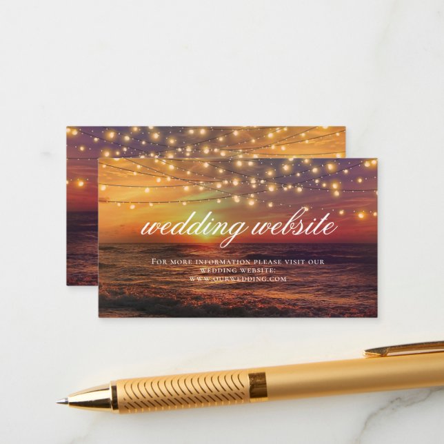Elegant Beach Lights Summer Wedding Website Card (Front/Back In Situ)