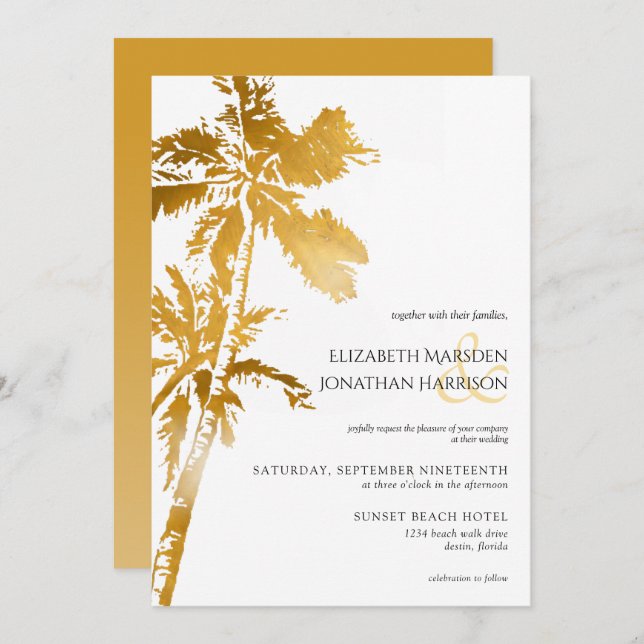 Elegant Beach Palm Trees Gold Tropical  Invitation (Front/Back)