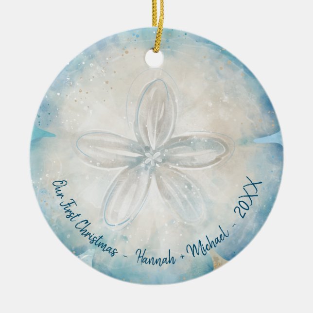 Elegant Beach Photo Watercolor Sand Dollar Ceramic Ornament (Front)