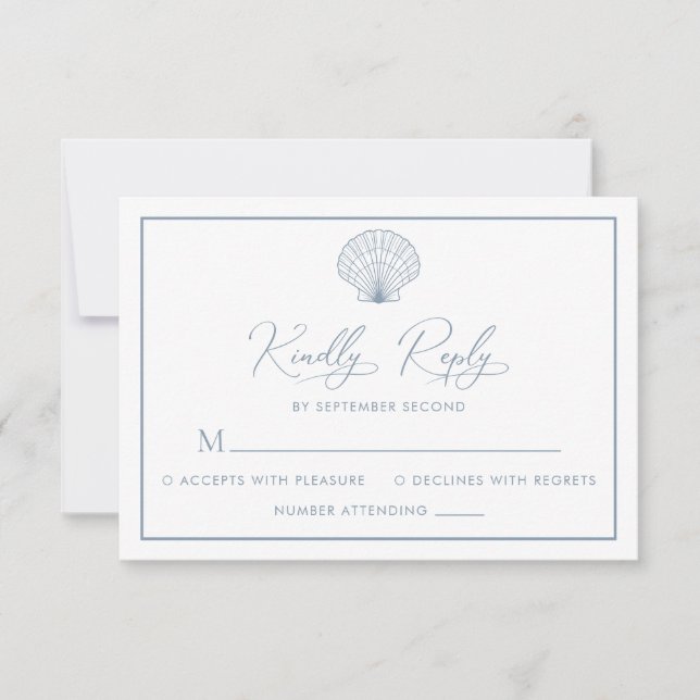 Elegant Beach Scallop Shell Dusty Blue Wedding RSVP Card (Front)