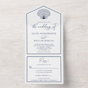 Elegant Beach Scallop Shell Wedding Navy Blue All In One Invitation