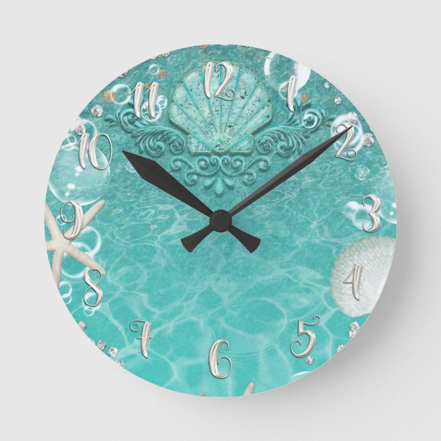 Elegant Beach Sea Shell & Bubbles Customised Round Clock (Front)
