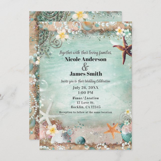 Elegant Beach Sea Starfish & Pearls Beachy Wedding Invitation (Front/Back)