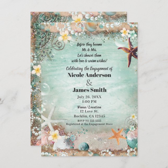 Elegant Beach Sea Starfish Pearls Engagement Photo Invitation (Front/Back)