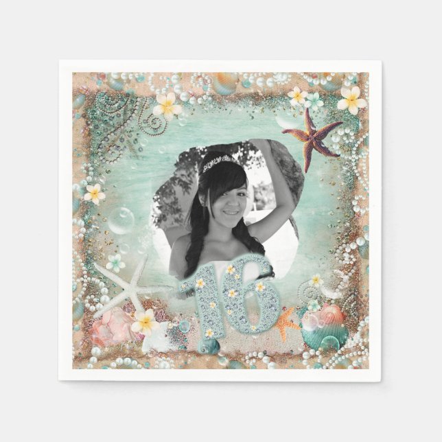 Elegant Beach Sea Starfish Pearls Party Photo 16 Napkin (Front)