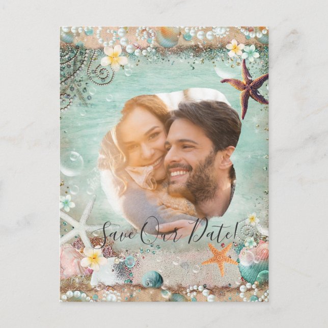 Elegant Beach Sea Starfish Pearls Save Date Photo Announcement Postcard (Front)