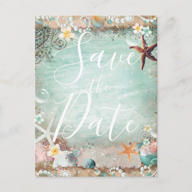 Elegant Beach Sea Starfish & Pearls Save the Date Announcement Postcard (Front)