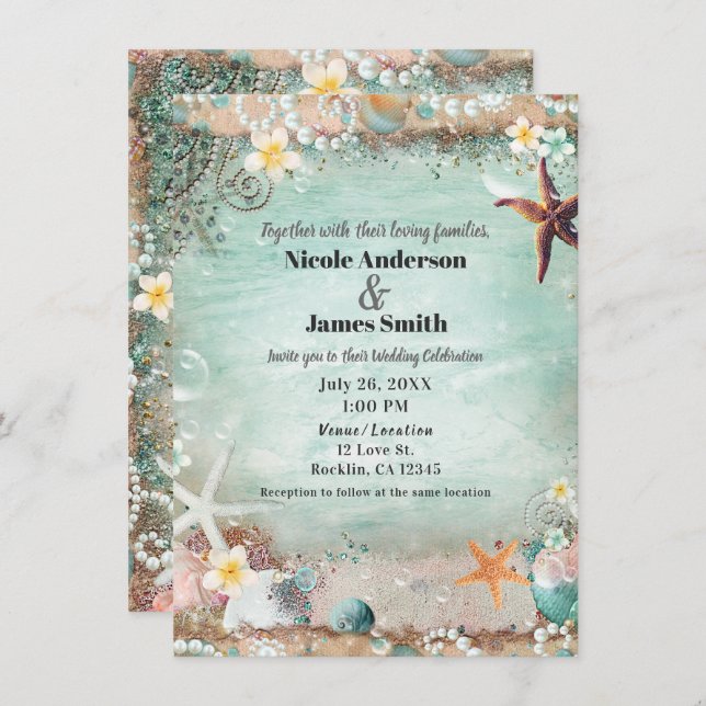 Elegant Beach Sea Starfish & Pearls Wedding Photo Invitation (Front/Back)