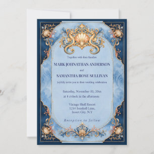 Elegant beach seahorse wedding blue orange invitation