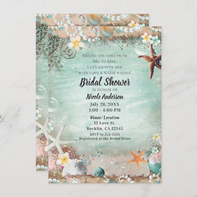 Elegant Beach Starfish Pearls Bridal Shower Invitation (Front/Back)