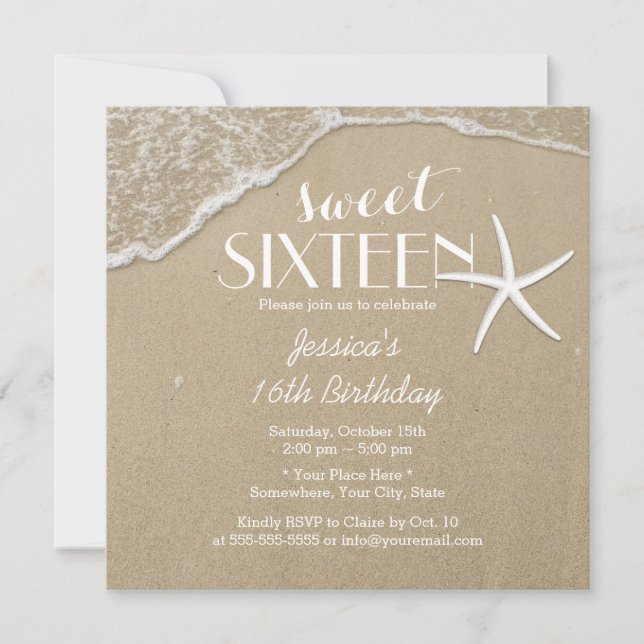 Elegant Beach & Starfish Sweet Sixteen Invitation (Front)