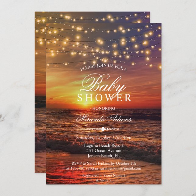 Elegant Beach String Lights Summer Baby Shower Invitation (Front/Back)