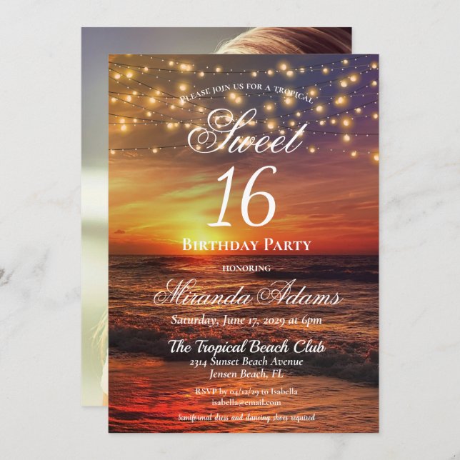 Elegant Beach String Lights Summer Birthday Party Invitation (Front/Back)