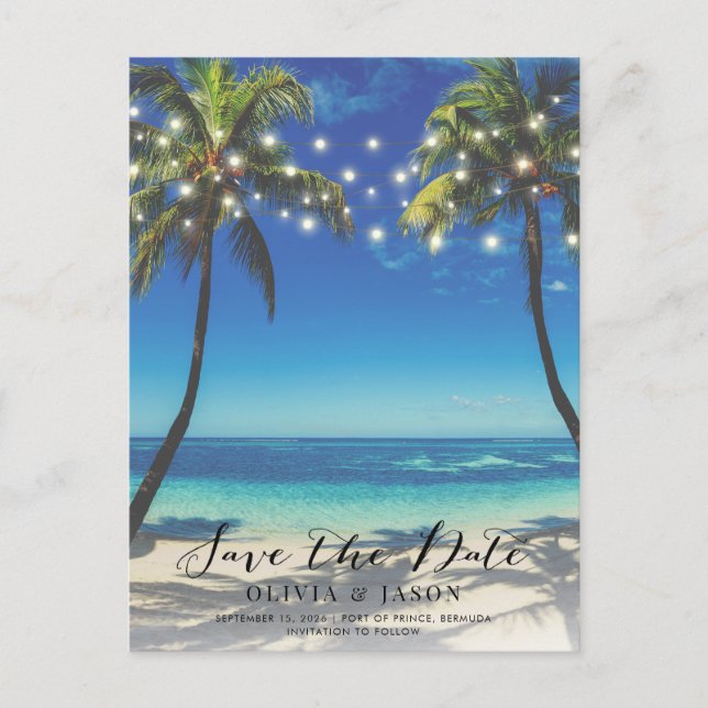 Elegant Beach String Lights Wedding Save the Date  Postcard (Front)