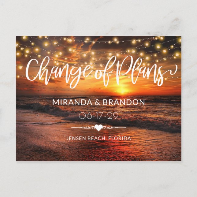 Elegant Beach Summer Wedding Change of Plans Postcard (Front)