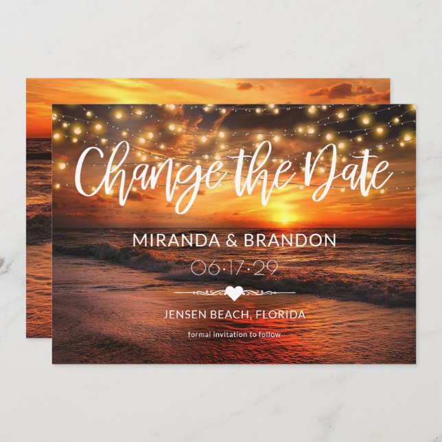 Elegant Beach Summer Wedding Change the Date Card (Front/Back)
