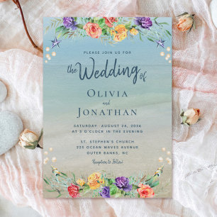 Elegant Beach Watercolor Floral Wedding Invitation