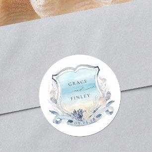 Elegant Beach Wedding Crest Coastal Chic Classic Round Sticker