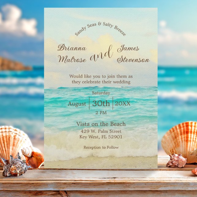 Elegant Beach Wedding Invitation (Coastal Beach wedding invitation featuring waves crashing onto the shore and elegant typography )
