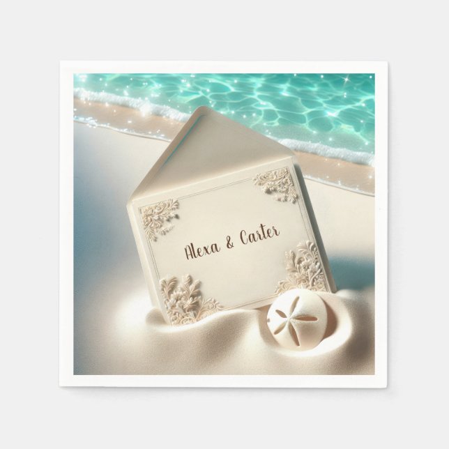 Elegant Beach Wedding Invitation In Sand Napkin (Front)