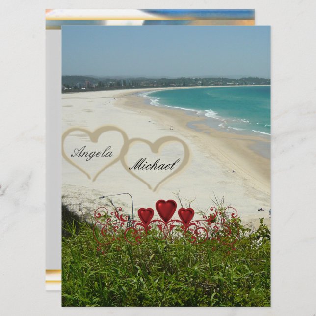 Elegant Beach Wedding Invitation Red Hearts (Front/Back)
