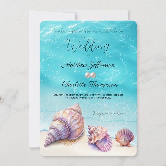 Elegant Beach Wedding  Seashells Pearls Nautical  Invitation (Front)