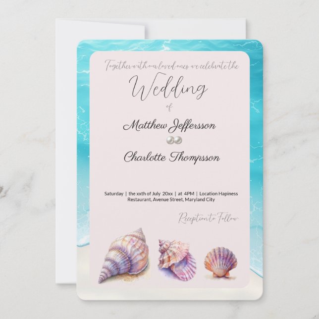 Elegant Beach Wedding  Seashells Pearls Nautical  Invitation (Front)