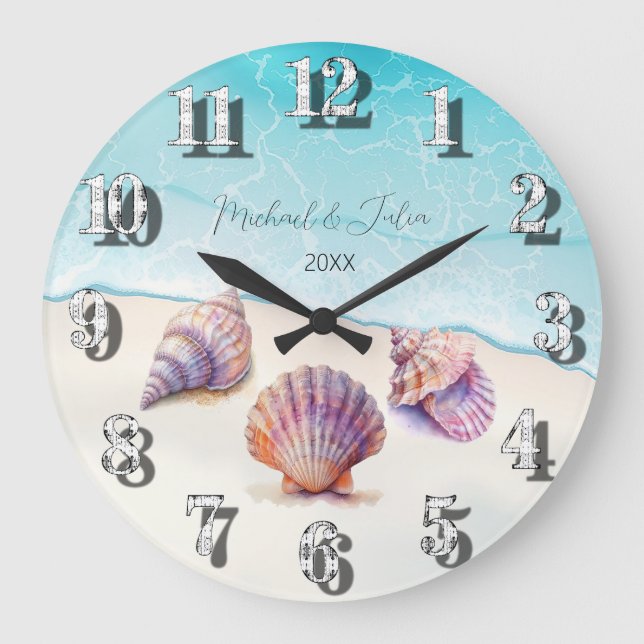 Elegant Beach Wedding  Seashells Pearls Nautical  Large Clock (Front)