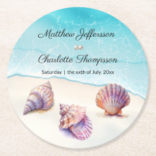 Elegant Beach Wedding  Seashells Pearls Nautical  Round Paper Coaster