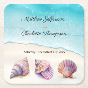 Elegant Beach Wedding  Seashells Pearls Nautical  Square Paper Coaster