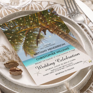 Elegant Beach Wedding   String Lights Palm Tree Invitation