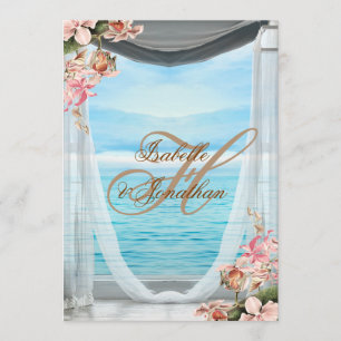 Elegant beach wedding with drapes & pink orchids invitation