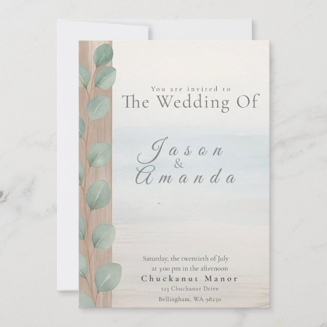 Elegant Beach with Soft Blue Wash & Sand Dollar Invitation (Front)