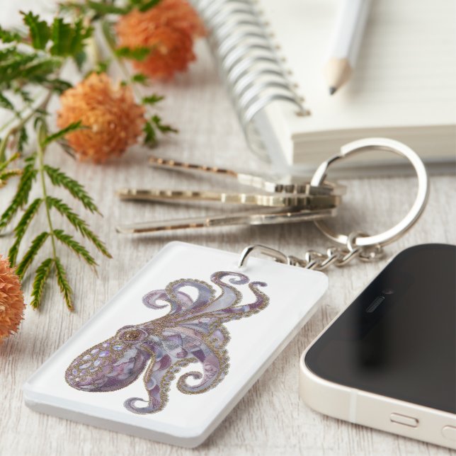 Elegant Beaded Octopus Art Illustration Key Ring (Front Right)