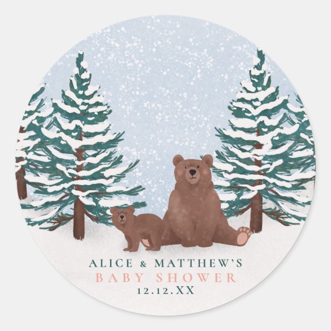 Elegant Bear Winter Baby Shower Favour Classic Round Sticker (Front)