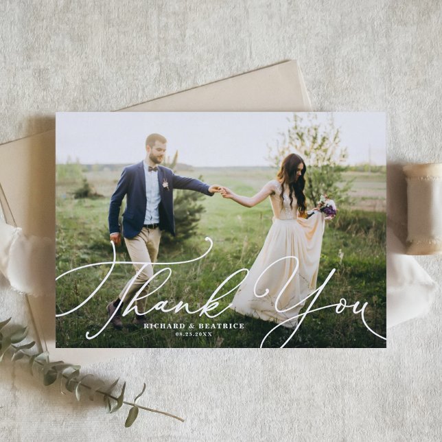 Elegant Beatrice Script Photo Wedding Thank You Card (Creator Uploaded)