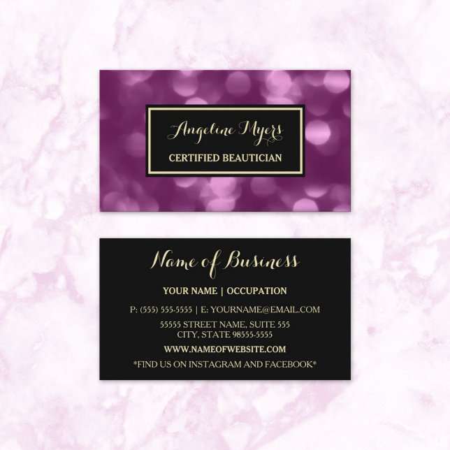 Elegant Beautician Glamourous Purple Luxe Bokeh Business Card (Elegant Beautician Glamorous Purple Luxe Bokeh Business Cards)