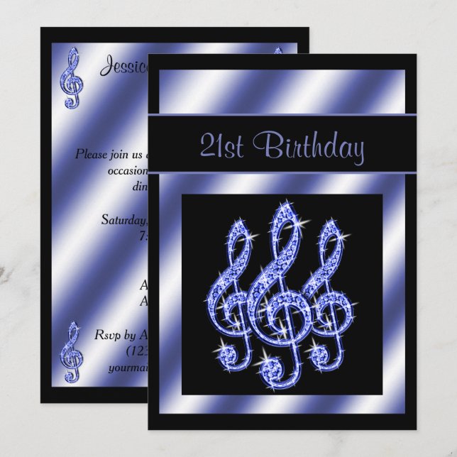 Elegant, Beautiful Blue Treble Clefs 21st Birthday Invitation (Front/Back)