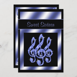 Elegant, Beautiful Blue Treble Clefs Sweet 16 Invitation