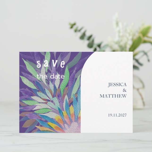 Elegant Beautiful Boho Purple Floral Wedding Save The Date (Standing Front)