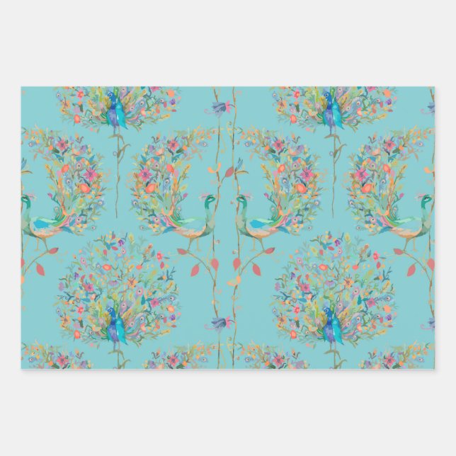 Elegant beautiful peacock watercolour wrapping paper sheet (Front)