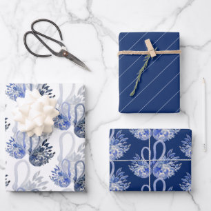 Elegant Beautiful Swan In Indigo Blue Watercolor Wrapping Paper Sheet