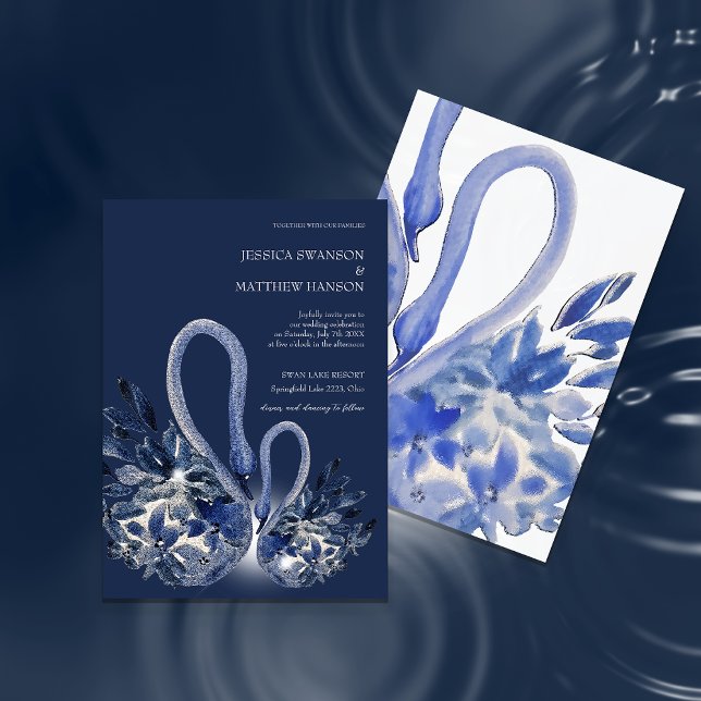 Elegant Beautiful Swan In Navy Blue Wedding Invitation (Creator Uploaded)